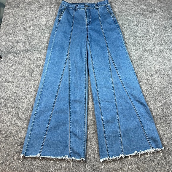 Litz Denim - Litz Wide Jeans Womens 28 Blue Denim Cotton Frayed Hem High Rise Medium Wash